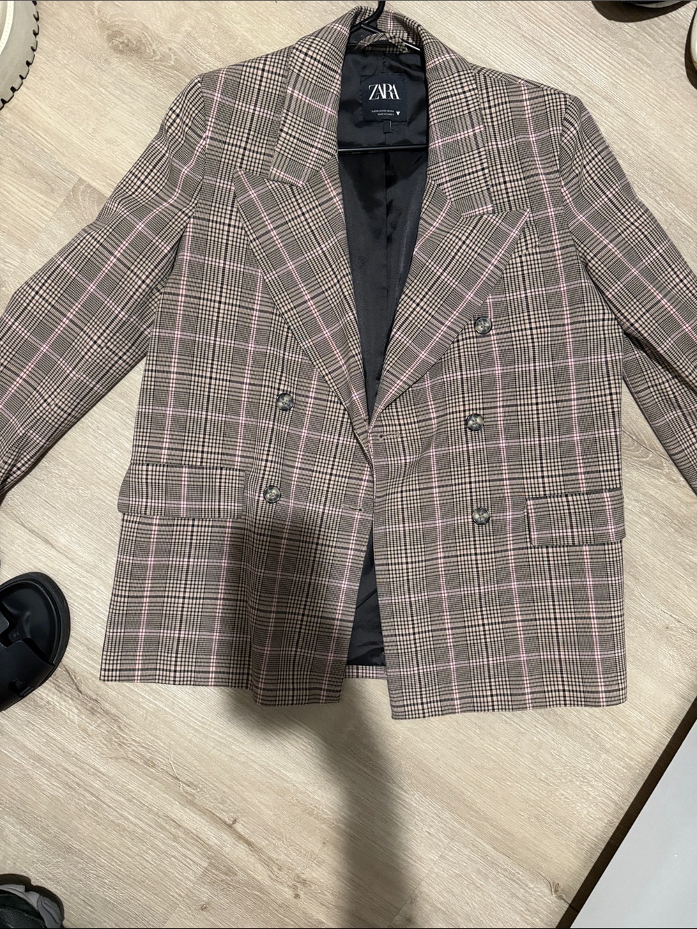 Zara Double-Breasted Plaid Blazer in Taupe with Pink Windowpane